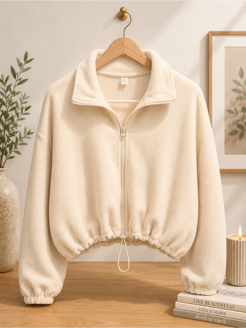 Women's Cream Fleece Zip-Up Jacket
